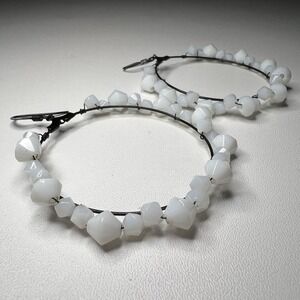 Vintage Faceted Beaded Hoop Earrings Black Wire Frame‎